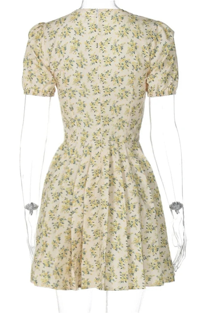 Glorol - Deep V Neck A-Line High Waist Pleated Printed Mini Dress