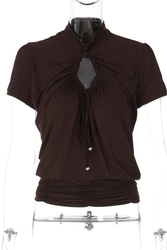 Glorol - Hollow Out Lace-Up Pleated Short Sleeve Top