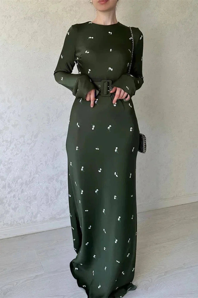 Glorol - Long Sleeve Slim Patchwork Printed High Waist Maxi Dress