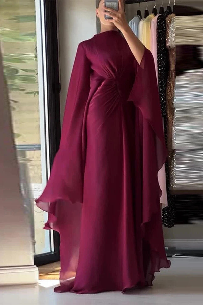 Glorol - Long Sleeve Lace Up O-Neck Loose Pleated Maxi Dress