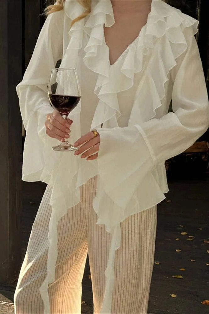 Glorol - See-Through Loose Patchwork V-Neck Top