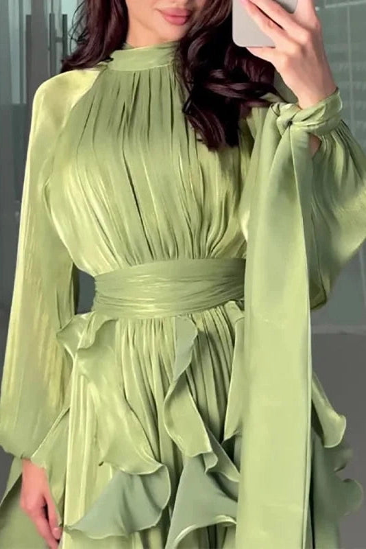 Glorol - Elegant Pleated High Collar Long Sleeve High Waist Maxi Dress