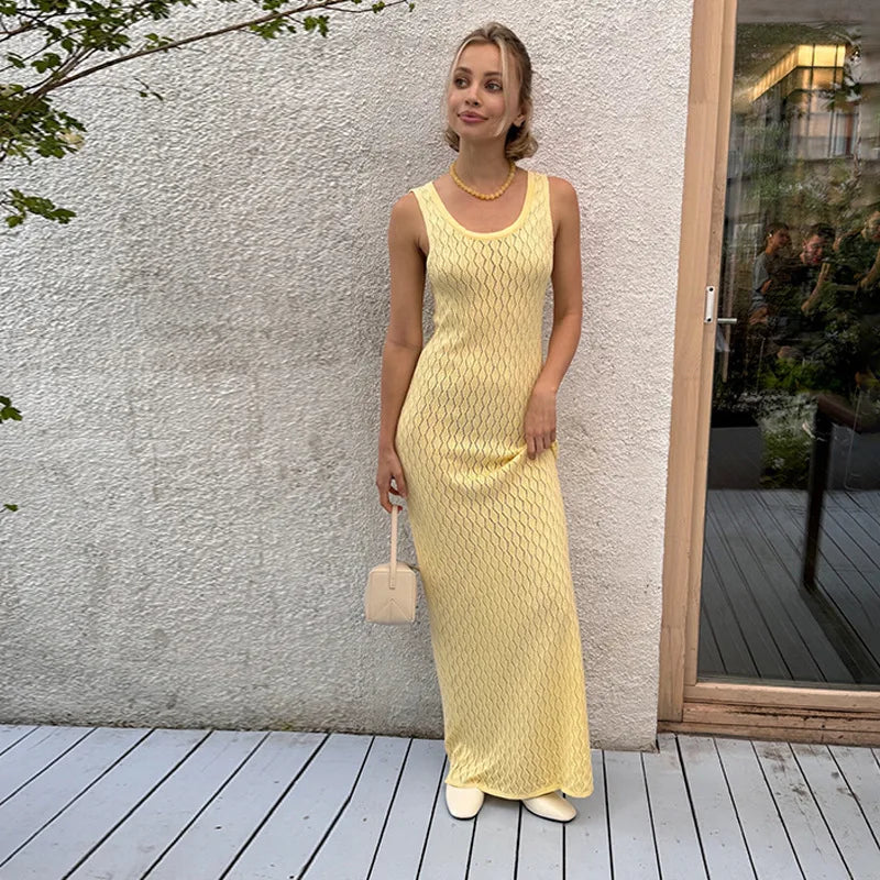 Glorol - Hollow Knitted Sleeveless Maxi Dress