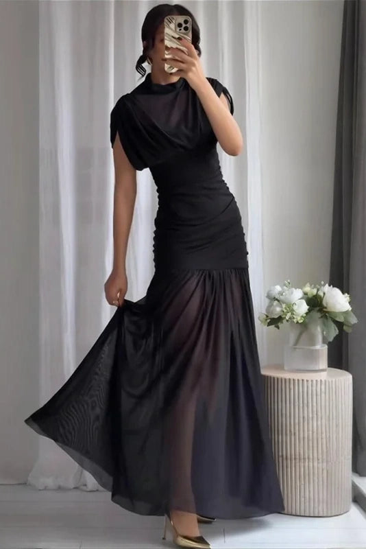 Glorol - Elegant Pleated Slim Sleeveless Turtleneck Maxi Dress