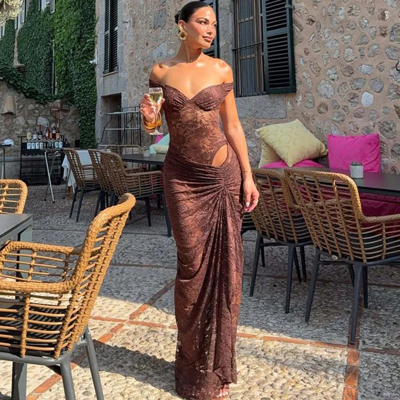 Glorol - Lace Patchwork Backless See Through Maxi Dress