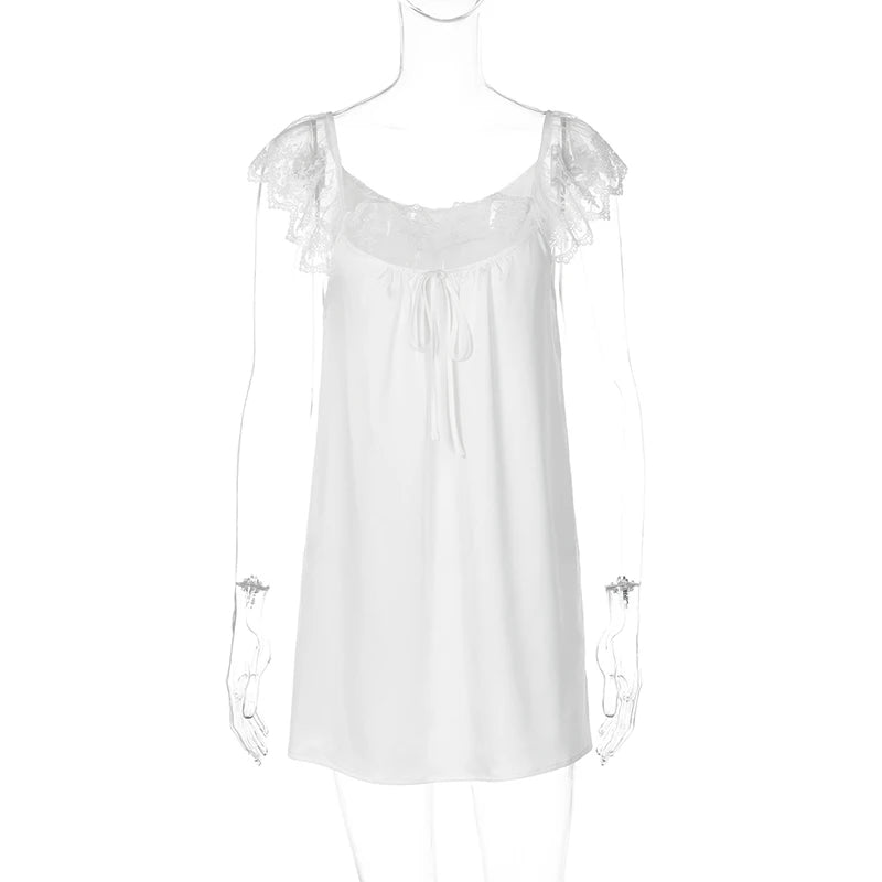 Glorol - Lace Square Collar Short Sleeve Loose Mini Dress