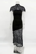 Glorol - Lace Printed See-Through Turtleneck Patchwork Maxi Dress