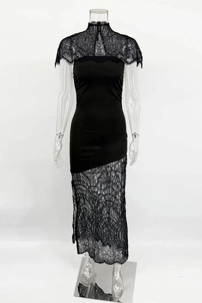 Glorol - Lace Printed See-Through Turtleneck Patchwork Maxi Dress