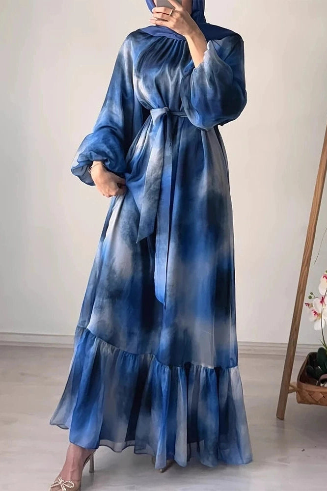 Glorol - Pleated O-Neck High Waist Lace Print Long Sleeve Maxi Dress