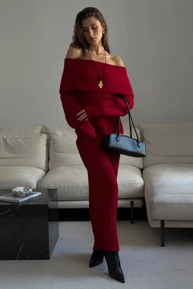 Glorol - Knitted Off-Shoulder Long-Sleeved Slim High Waist Backless Maxi Dress