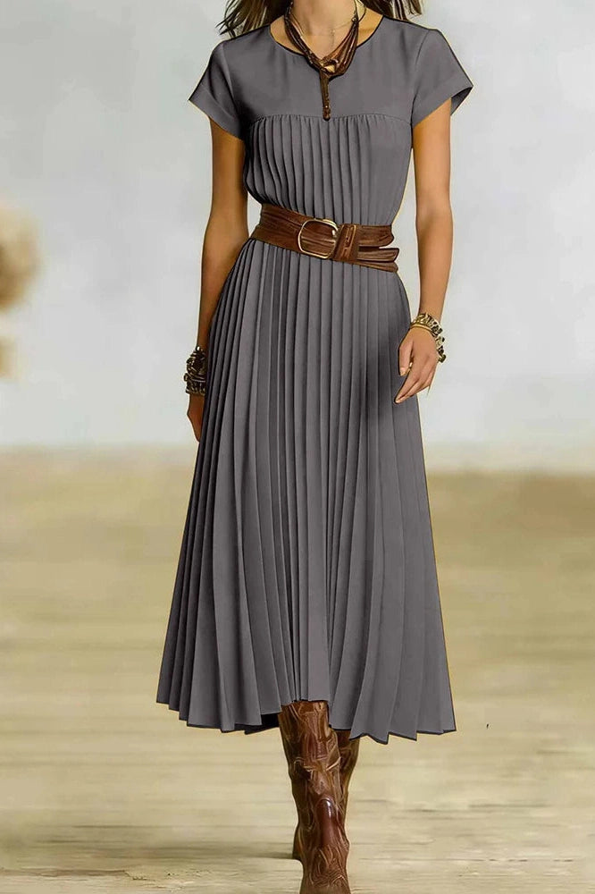 Glorol - O-Neck Short Sleeve Pleated Loose High Waist Midi Dress