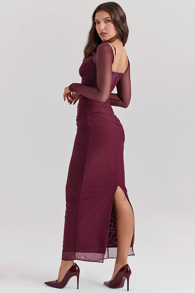 Glorol - Elegant Sheer Long Sleeve Strapless Maxi Dress