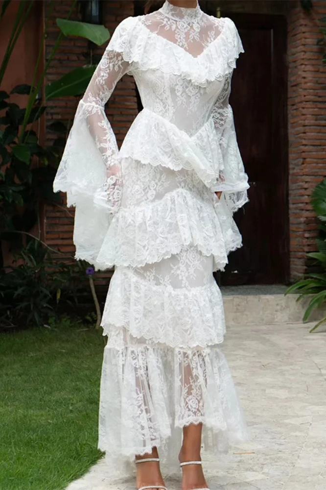 Glorol - Long Sleeve Lace Embroidery High Waist Maxi Dress