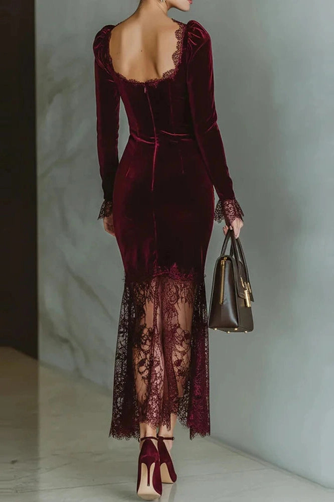 Glorol - Lace Square Neck Bodycon Slim Long Sleeve Midi Dress