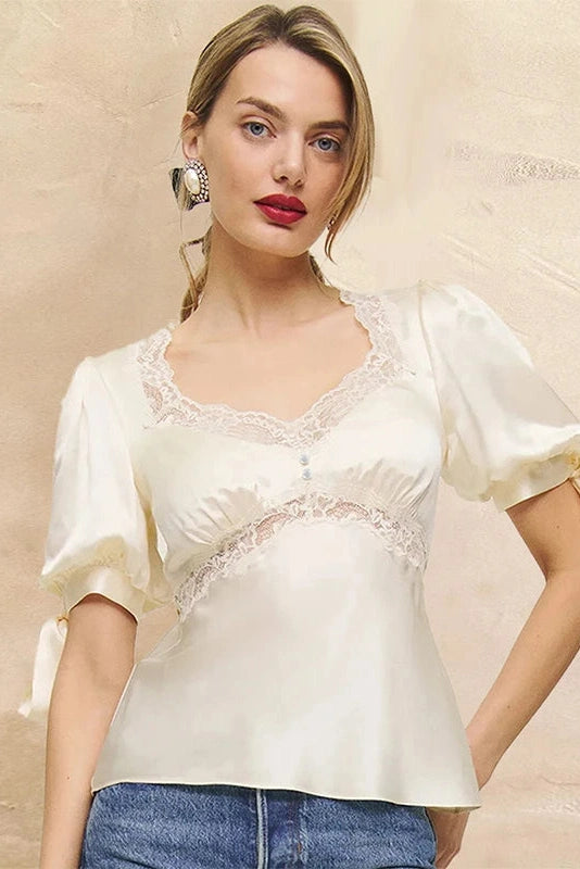 Glorol - Lace Patchwork U-Neck Short-Sleeve Top