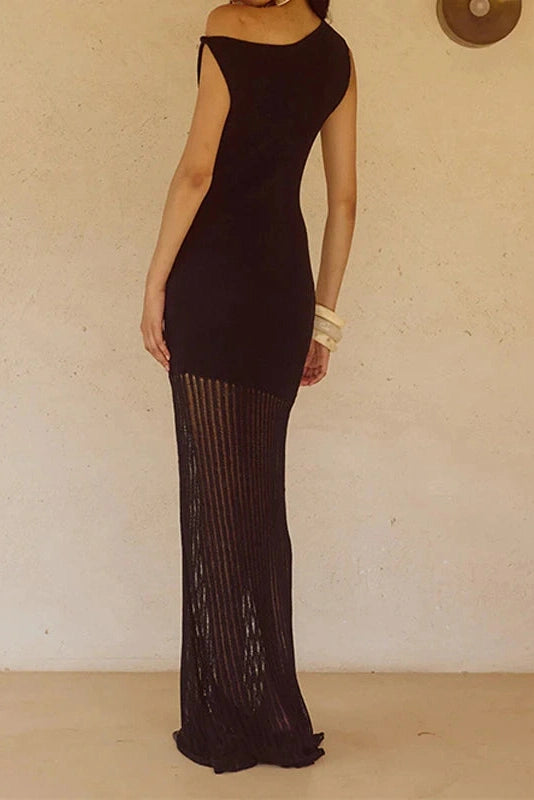 Glorol - Knitted Slash Collar High Waist Slim Maxi Dress
