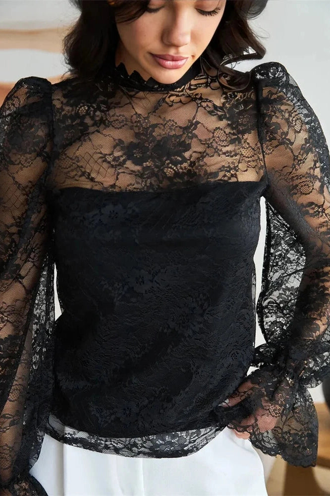 Glorol - Lace Patchwork Long Sleeve Printed Top
