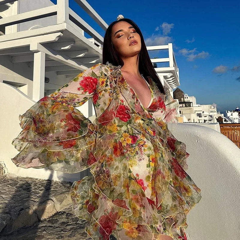 Glorol - Printed V Neck Slim High Waist Mini Dress
