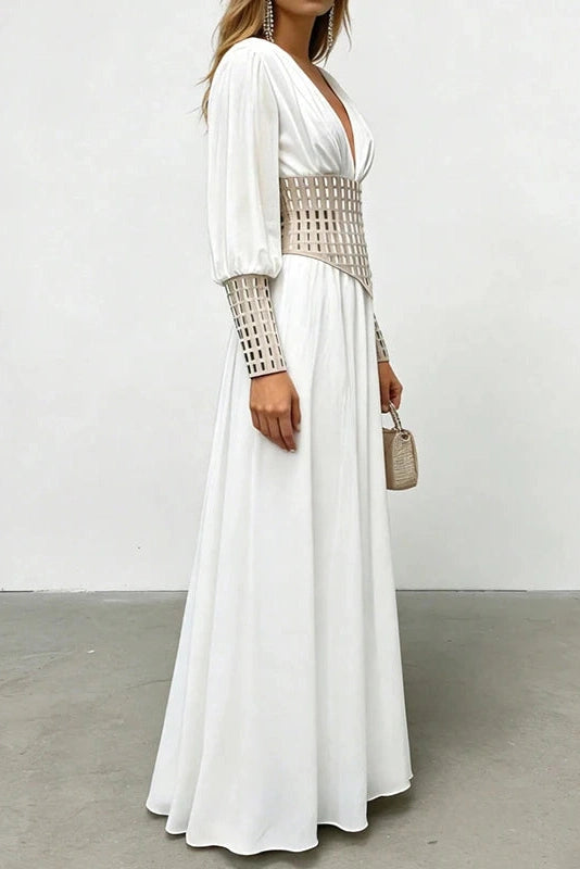 Glorol - Long Sleeve Slim V-Neck High Waist Maxi Dress
