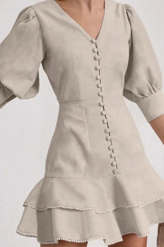 Glorol - Lantern Sleeve A-Line V-Neck Single-Breasted High Waist Mini Dress