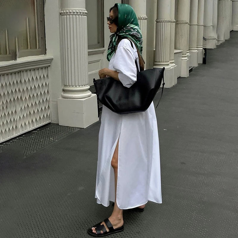 Glorol - Long Sleeve Loose Single Breasted Slit Maxi Dress