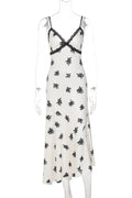 Glorol - Printed Lace Patchwork High Waist Slim V-Neck Midi Dress