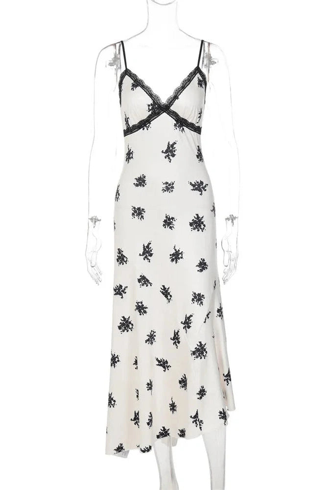 Glorol - Printed Lace Patchwork High Waist Slim V-Neck Midi Dress