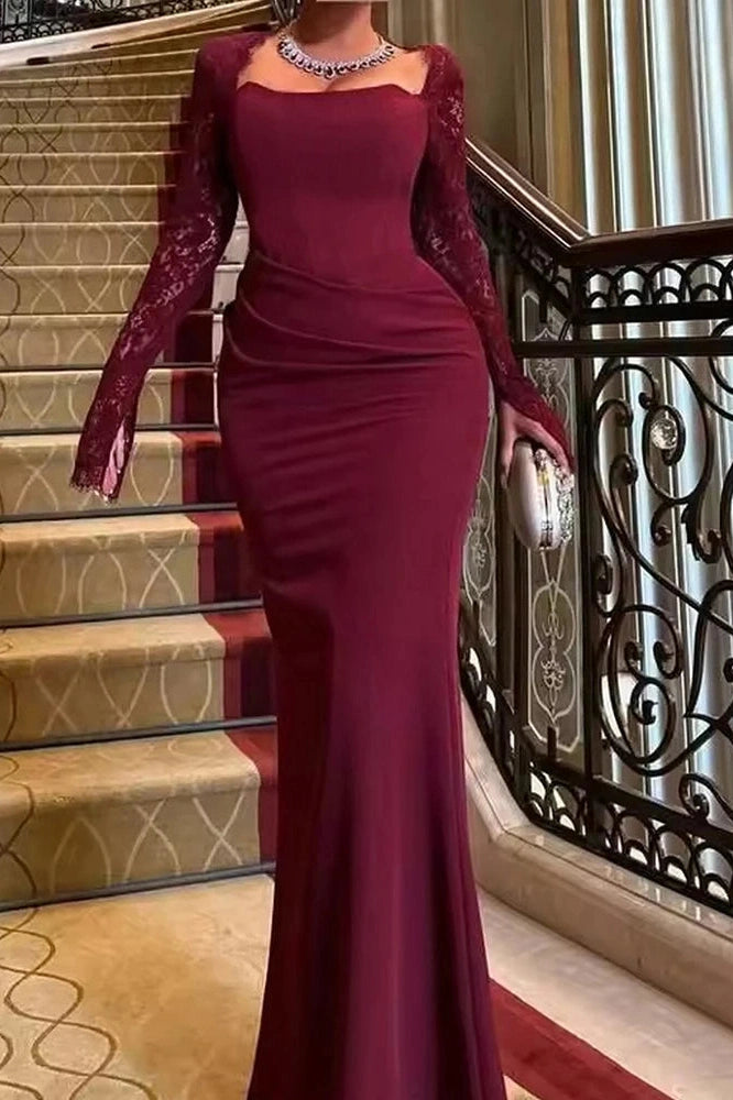 Glorol - Long Sleeve Pleated Bodycon Square Collar Lace Slim Maxi Dress