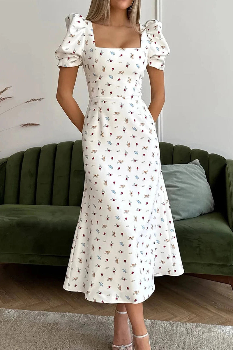 Glorol - Short Sleeve Floral Print A-Line Midi Dress