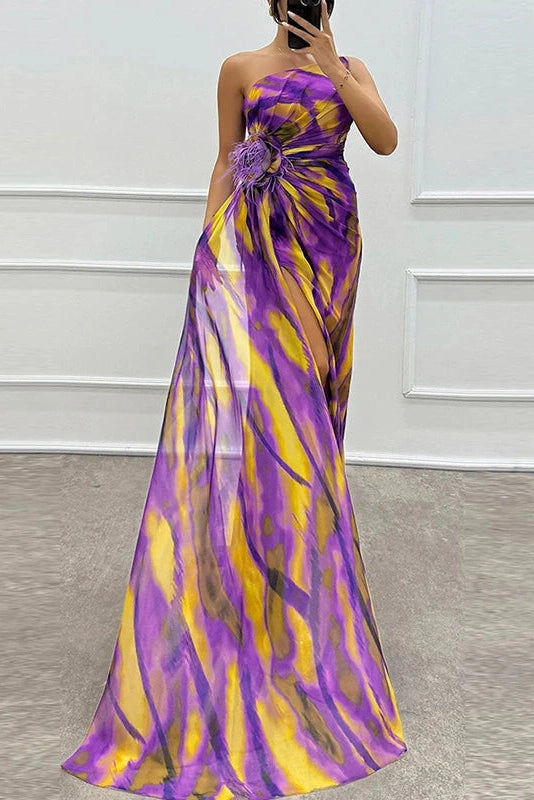 Glorol - Sleeveless Backless High Split Printed One Shoulder Maxi Dress