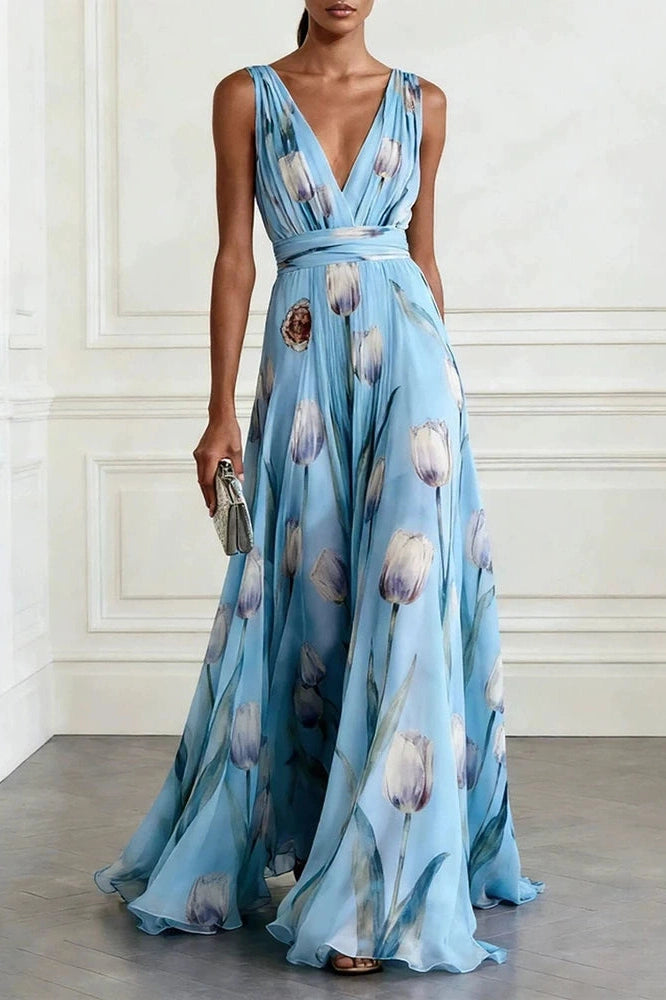 Glorol - Sleeveless Pleated Printed High Waist V-Neck Maxi Dress
