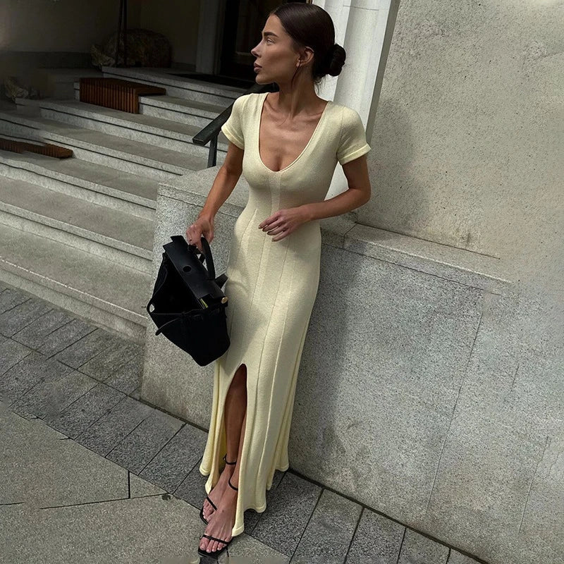 Glorol - Knitted V-Neck Slit Short Sleeve Slim Maxi Dress