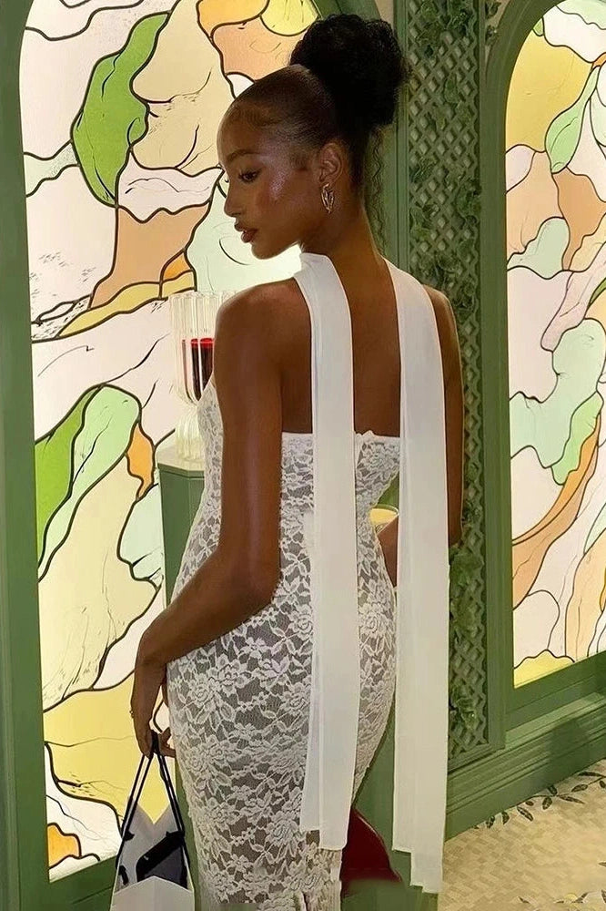 Glorol - Lace Strapless See Through Slim Sleeveless Maxi Dress