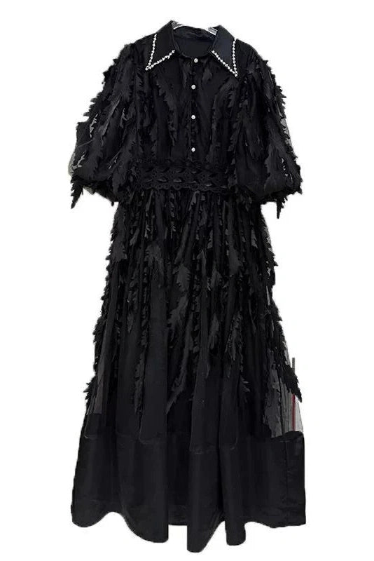 Glorol - Elegant Loose Puff Sleeve High Waist Midi Dress