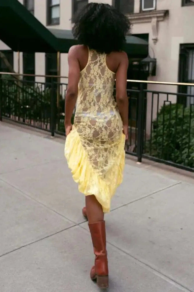 Glorol - Lace See Through High Waist Slim High Split Midi Dress