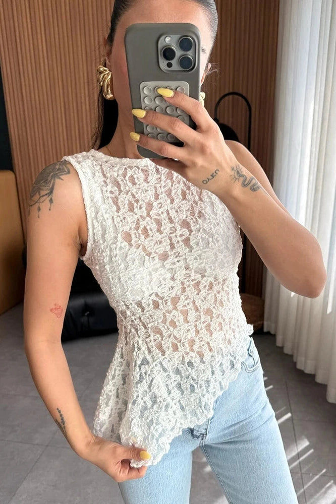 Glorol - See Through Lace O-Neck Sleeveless Irregular Top