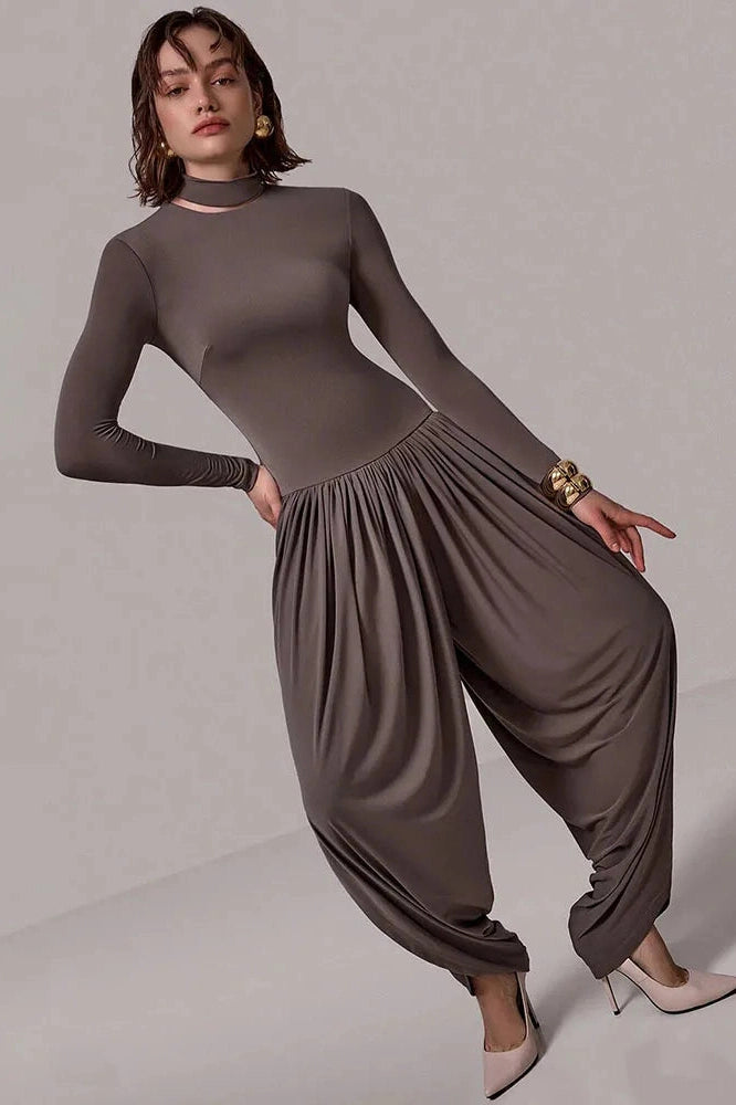 Glorol - Long Sleeve Patchwork High Waist Jumpsuit