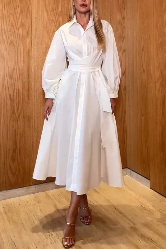 Glorol - Elegant Single Breasted Long Sleeve Tie-Up Midi Dress
