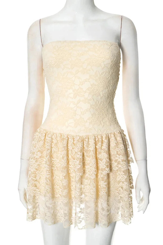 Glorol - Off-Shoulder Strapless Lace Sleeveless High Waist Pleated Mini Dress