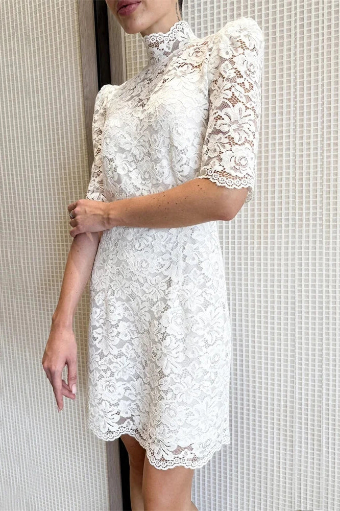 Glorol - See-Through Lace Patchwork Short Sleeve Mini Dress