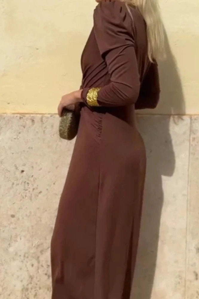 Glorol - Elegant V-Neck Slim Long Sleeve High Waist Maxi Dress