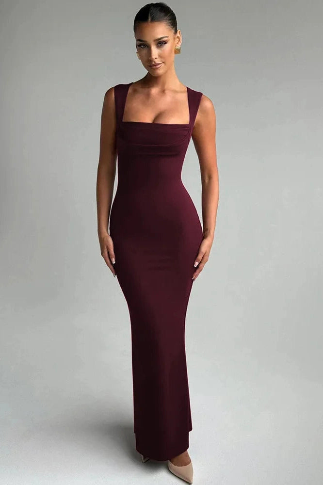 Glorol - Square Collar Sleeveless High Waist Bodycon Maxi Dress