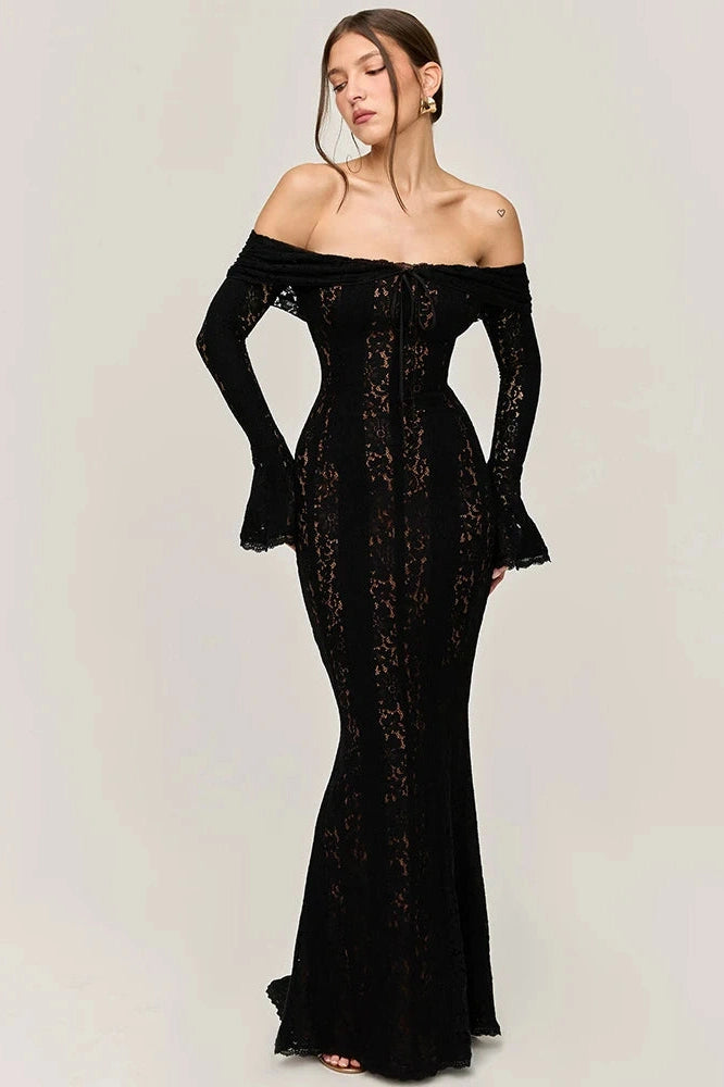 Glorol - Lace Off-Shoulder Strapless Backless Long Sleeve Maxi Dress