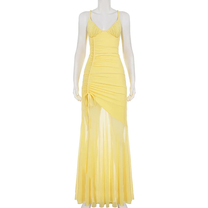 Glorol - Lace-Up See Through Backless Maxi Dress