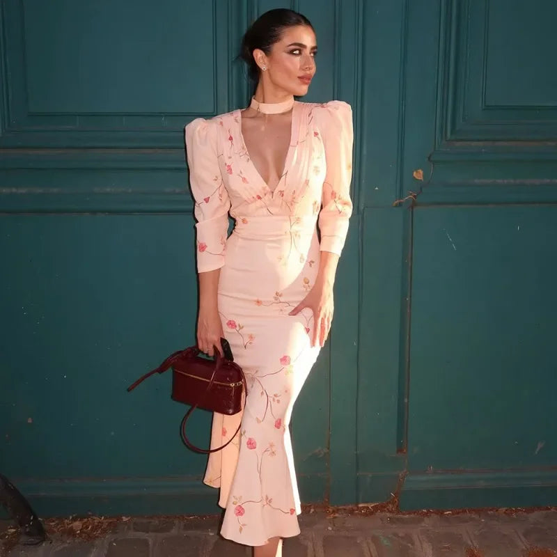 Glorol - Print Pleated V-Neck Puff Sleeve Maxi Dress