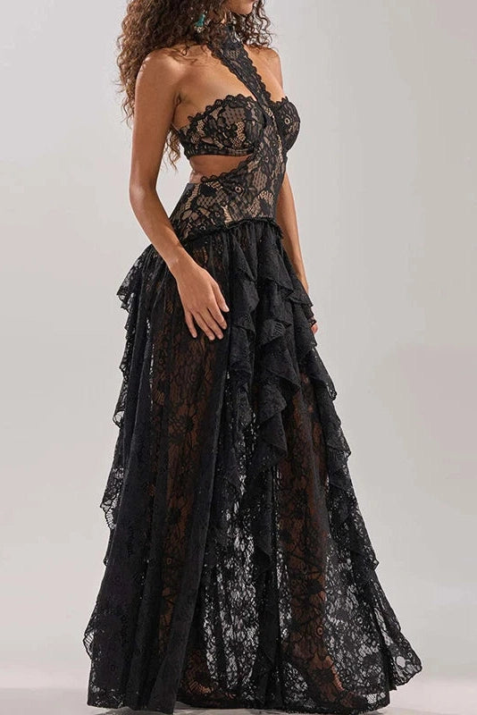 Glorol - Lace Hollow Out Sleeveless High Waist Pleated Maxi Dress