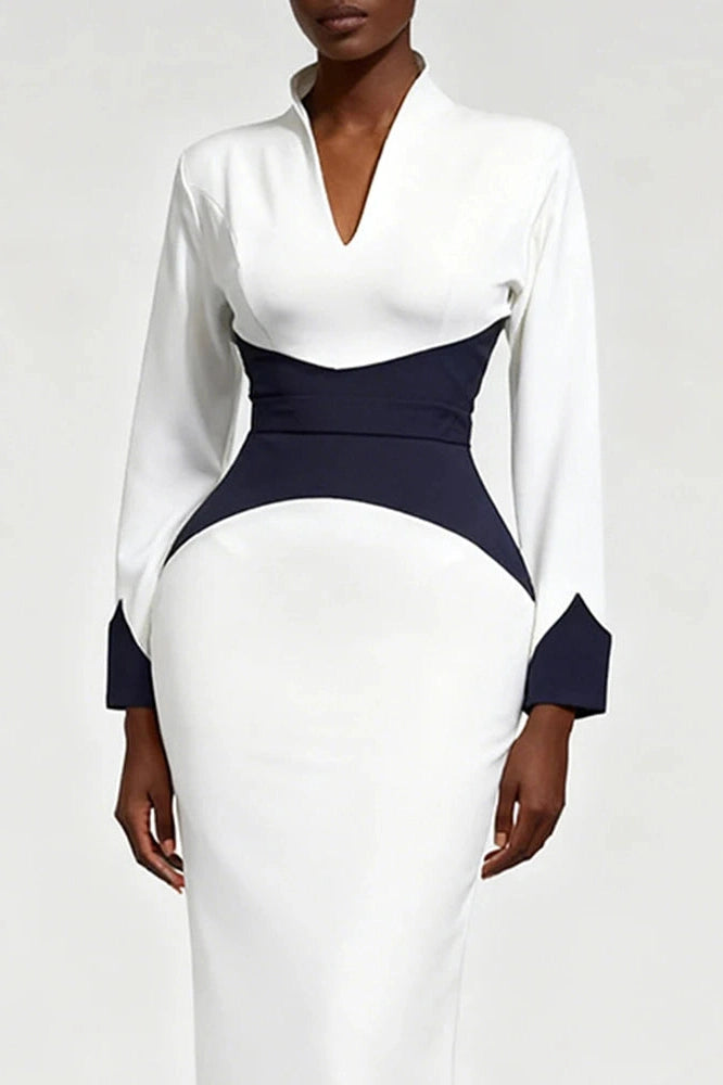 Glorol - Elegant Long Sleeve Bodycon Deep V-Neck Slim Midi Dress