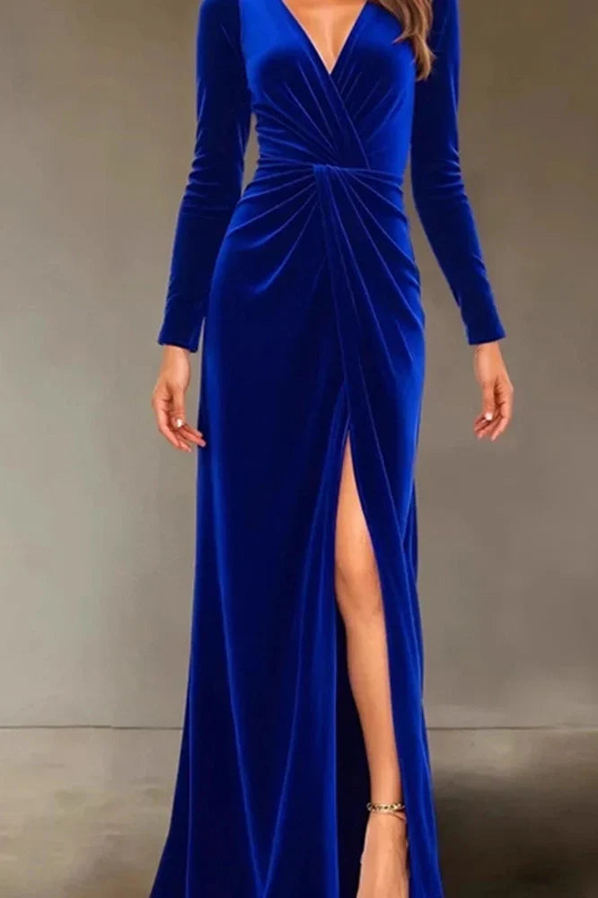 V-Neck Slim High Waist Pleated A-Line Maxi Dress