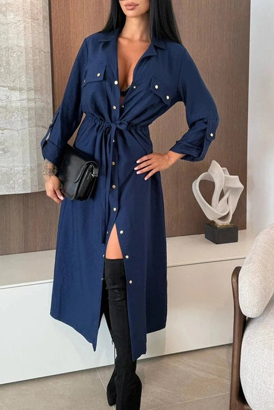 Glorol - Elegant Single Breasted Lace Up High Waist Midi Dress
