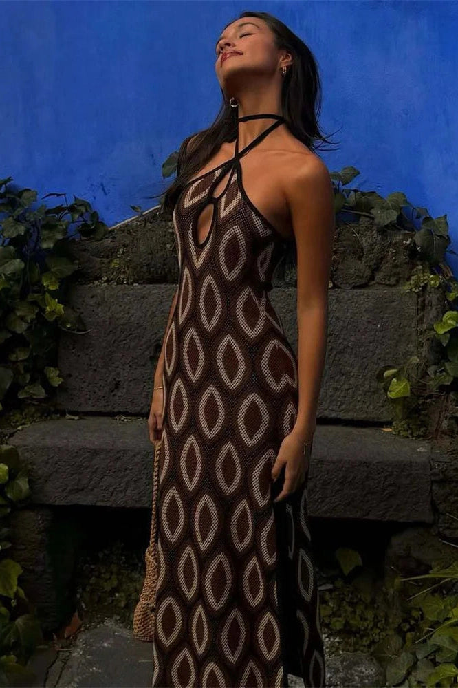 Glorol - Hollow Out Printed Backless Maxi Dress